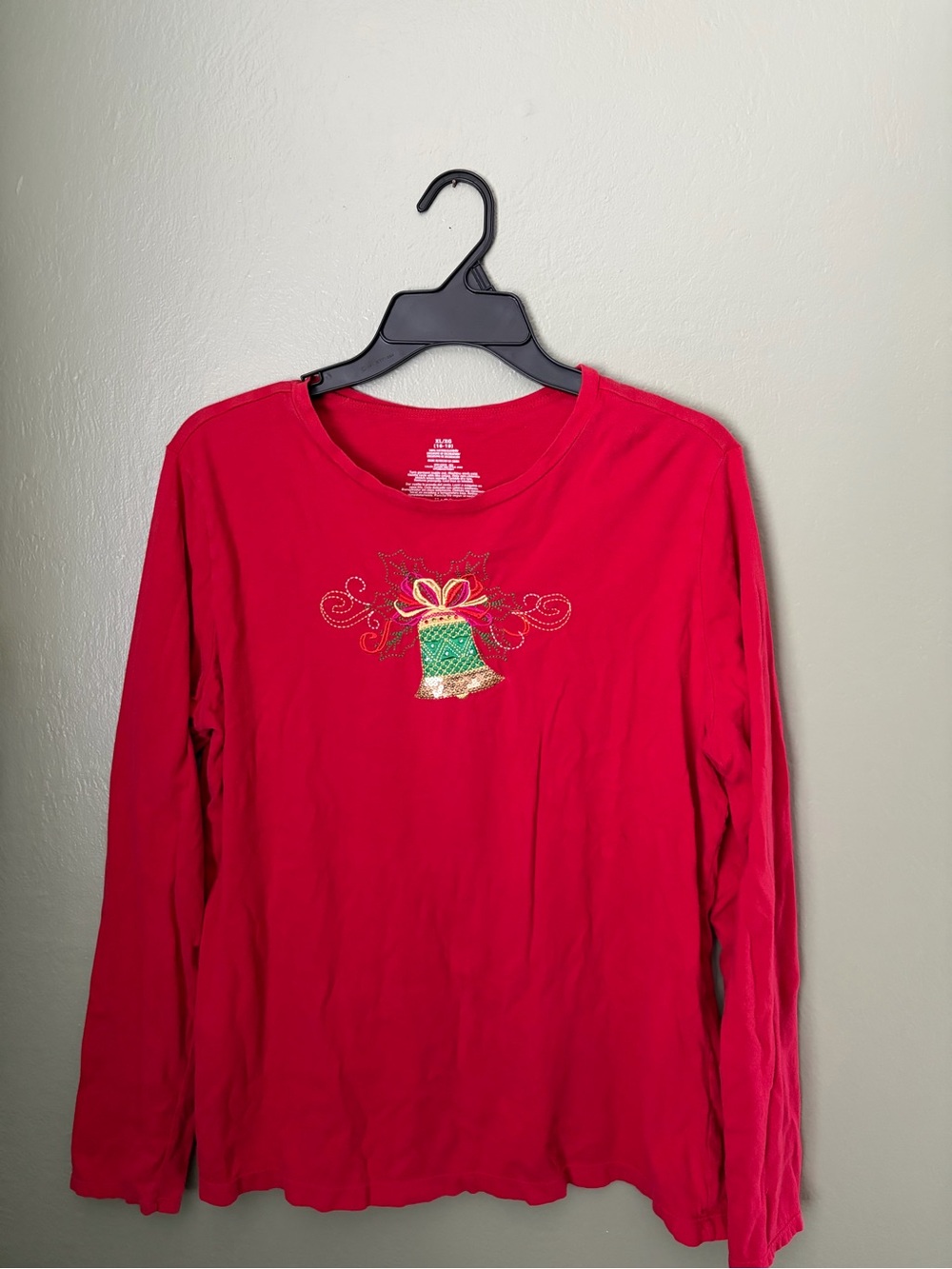 Red Christmas Embroidered Stitched Holiday Bell Long-sleeve Size XL Shirt